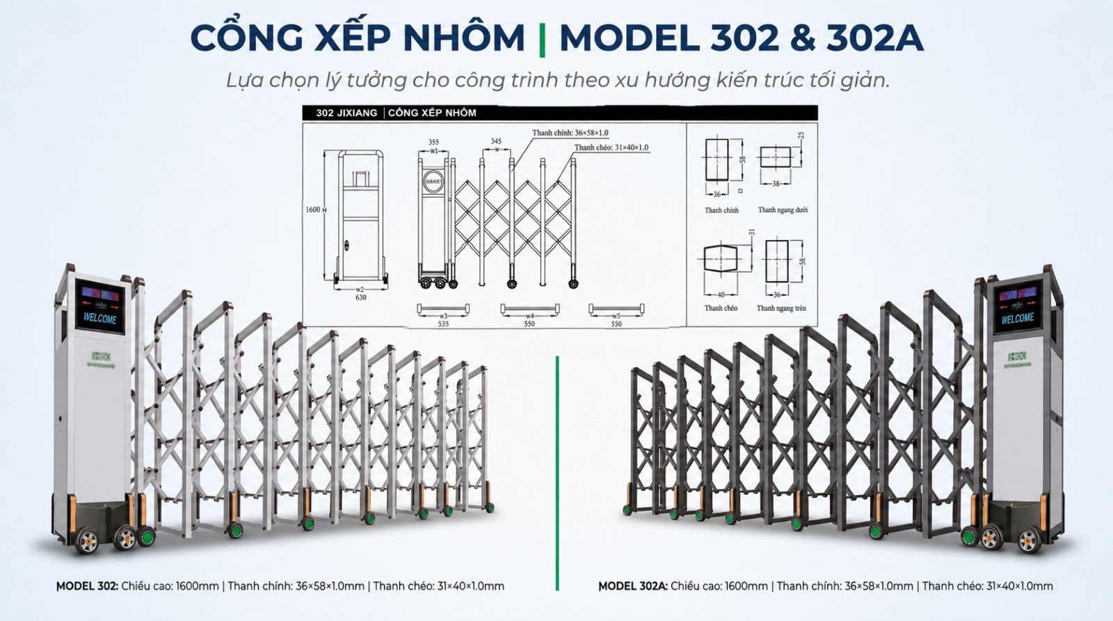 Cổng xếp nhôm|Model 302 và 302A